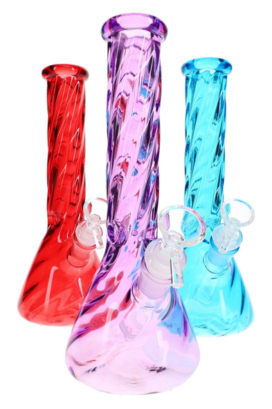 Assorted 10" twisted glass beaker water pipes in red, pink, and blue for wholesale smoke shop showcases