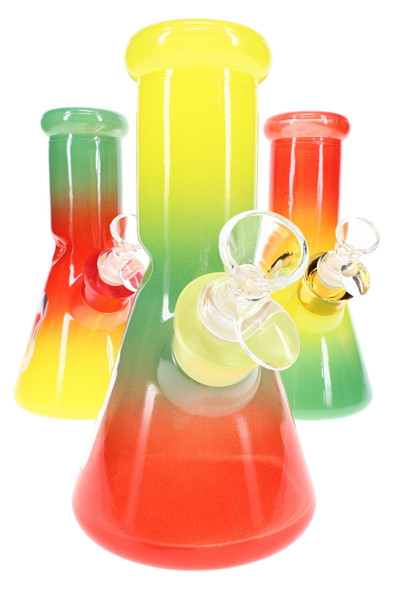 Assorted 8" beaker water pipes in Rasta-style fade colors, front view for smoke shop showcase inventory