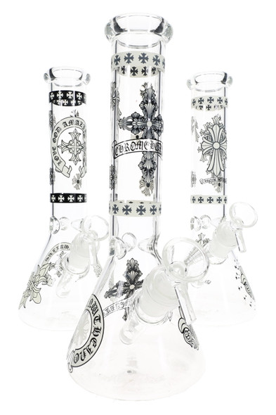 Assorted 10" glow in the dark beaker water pipes with holy decal designs, group view for wholesale smoke shop displays