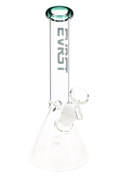 10" clear EVRST glass beaker water pipe with blue rim and ice pinch, angled view for retail smoke gear displays
