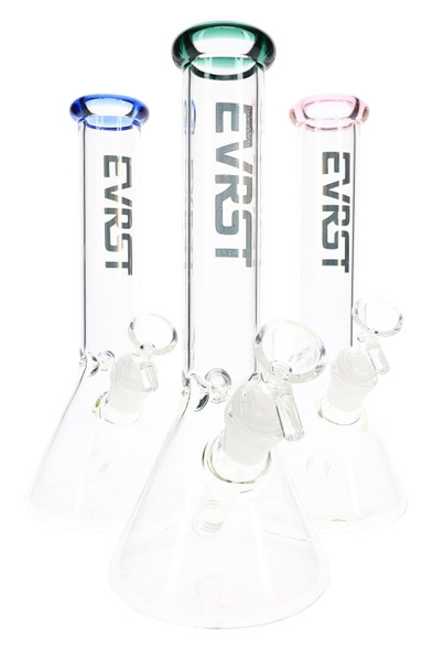 Assorted 10" EVRST beaker water pipes with colored rims, front view for wholesale smoke shop showcases