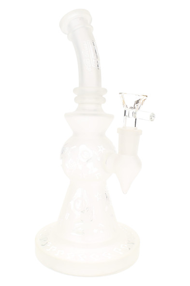 Small frosted glass water pipe, alternate angle showing 9.5" stemless beaker shape and curved mouthpiece for retail display.