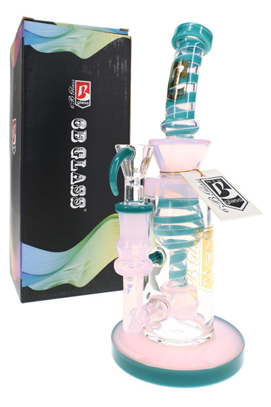 9" wholesale water pipe in pink and teal with swirl-striped neck, sphere perc, and showerhead perc beside retail box.