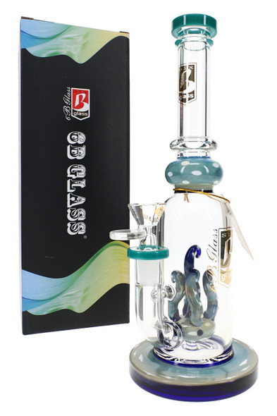 10.5" wholesale water pipe in blue and teal with silver-fumed glass, tentacle perc accents, and retail box.