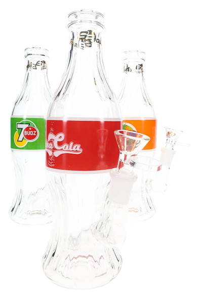 Assorted clear wholesale bottle water pipes with red, green, and orange soda-style labels and 14.5 mm bowls.