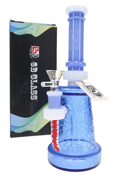 Blue 9.5" wholesale water pipe with frosted star design, red spike accent, 14.5 mm bowl, and retail box.