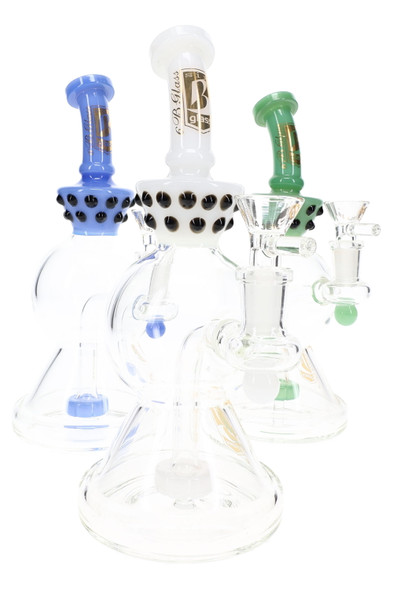 Assorted white, blue, and green wholesale water pipes with marble accent rings and stemless showerhead perc design.