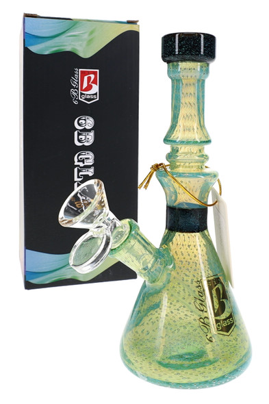 Green 7" wholesale beaker water pipe with silver-fumed bubble texture, black dichro accents, bowl, and retail box.