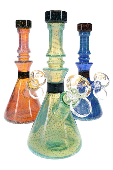 Assorted 7" wholesale beaker water pipes in orange, green, and blue with bubble texture and black dichro accents.