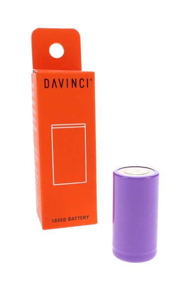 Purple 18350 wholesale battery beside orange DaVinci retail box, angled accessory shot for vape shop listings