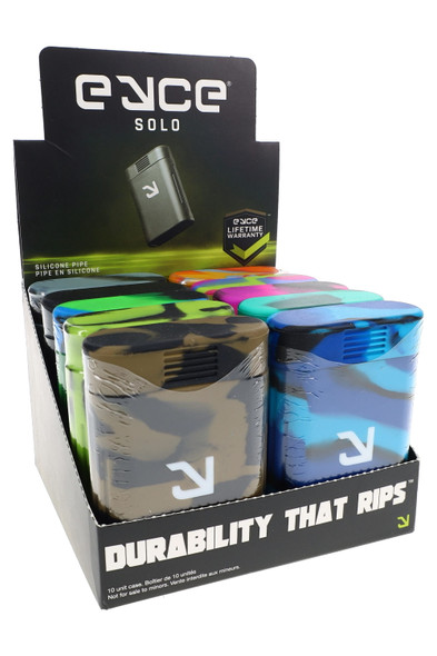Eyce Solo branded 10-unit counter display with assorted silicone pipes, shelf-ready head-shop supplies photo