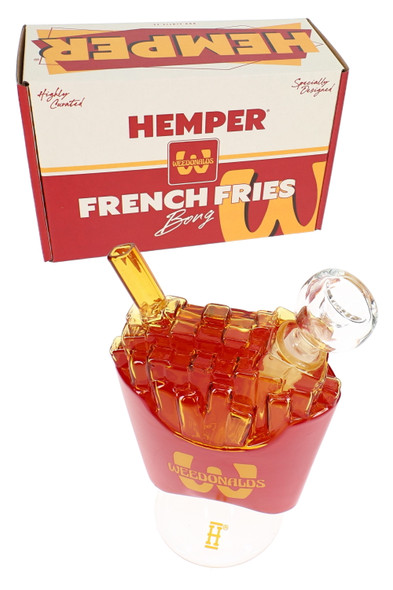 Wholesale glass bong with red fry-carton base, amber fry top, and HEMPER box, angled front product view