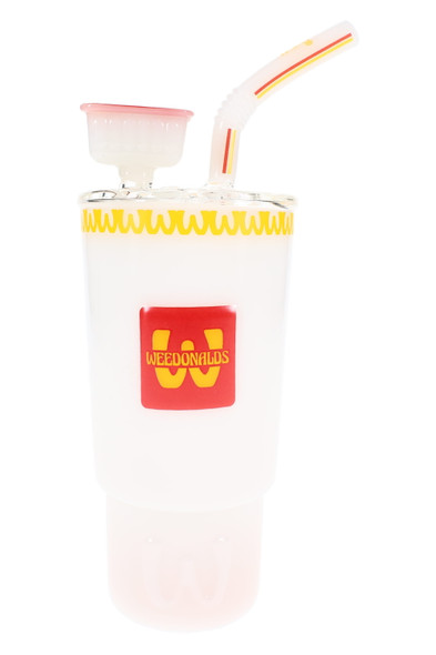 Retail smoke gear close-up of frosted 8-inch soda cup glass bong with red Weedonald's logo, yellow trim, and straw neck
