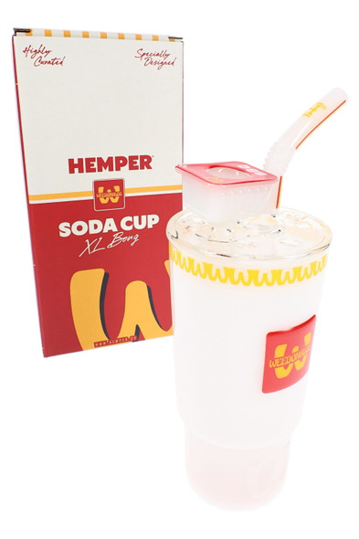 Wholesale glass bong shaped like an 8-inch frosted soda cup with red bowl, bent straw neck, and HEMPER retail box