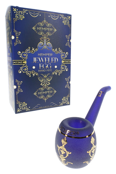 Wholesale glass hand pipe shaped like a jeweled egg with metallic blue finish and ornate gold-style detailing