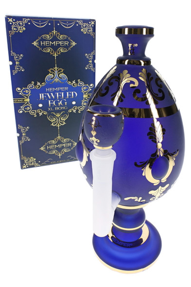 Wholesale glass bong with oversized jeweled egg body, blue finish, clear bowl, and HEMPER retail box in front view