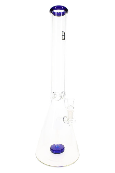 Retail smoke gear photo of clear 18-inch beaker bong with blue accented mouthpiece and base perc, straight-on view