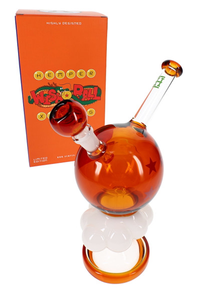 Wholesale glass bong with 10-inch amber orb body, cloud base, and HEMPER retail box in angled front view