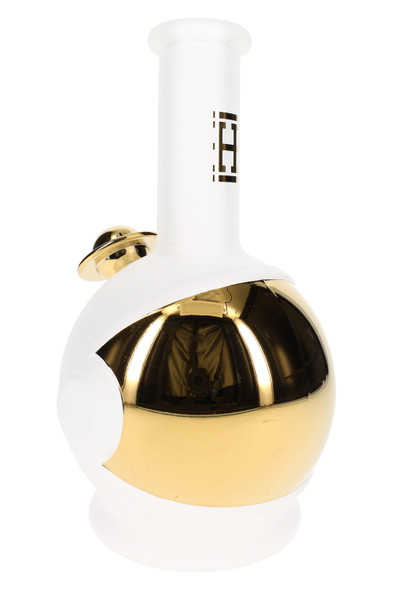 Retail smoke gear close-up of Space Fleet XL glass bong with frosted clear helmet body, gold visor, and bowl angle
