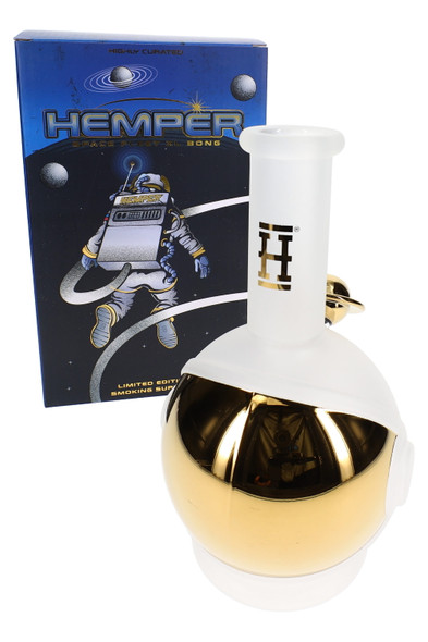 Wholesale glass bong shaped like a 9-inch astronaut helmet with frosted body, gold visor, and HEMPER retail box