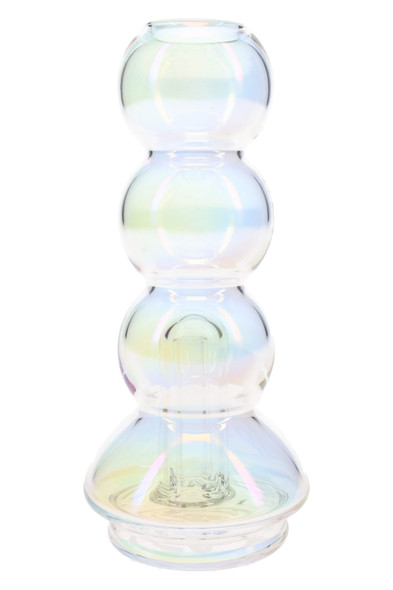 Bubble-stack wholesale Peak top in iridescent borosilicate glass, angled front view with rounded chamber profile.