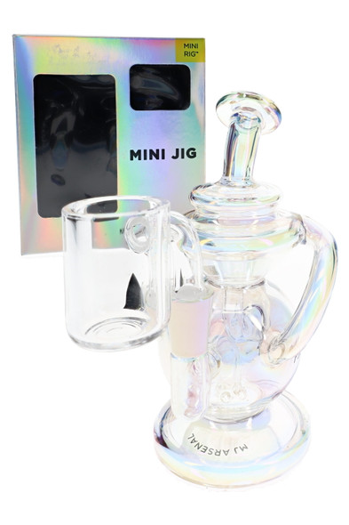 MJ Arsenal wholesale Mini Jig dab rig with iridescent finish, quartz banger, and retail box for showcase display.