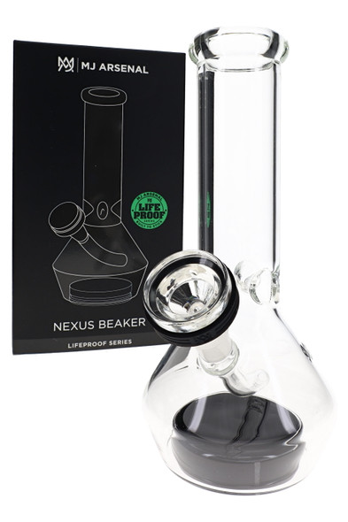 MJ Arsenal Nexus Bong in wholesale box with clear beaker body, black suction base, and 14 mm flower bowl.