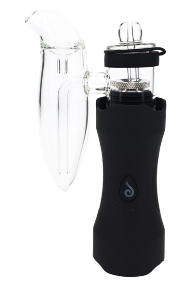 Matte black Dr. Dabber XS wholesale e-rig with clear side-mounted glass attachment and carb cap, straight-on view.