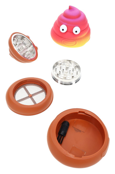 Exploded 1.75" poop emoji grinder with metal teeth and screen, wholesale grinder parts shown open