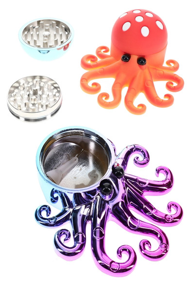 Open 1.75" octopus grinder with orange and metallic purple shells, wholesale grinder parts shown