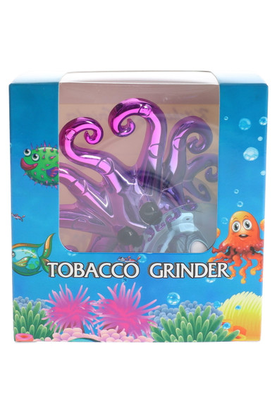 Boxed metallic purple octopus grinder in sea-themed package, retail smoke gear ready for display