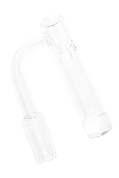Clear long neck tower quartz banger at angled view, 14.5mm male 90° wholesale dab rig component