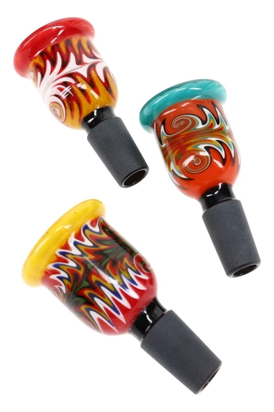 Three 14.5 mm male reverse glass bowls with red, yellow, and teal rims for wholesale water pipe parts