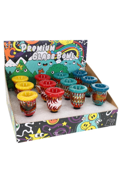 12-piece display of multicolor reverse glass bowls in premium box, retail smoke shop component set