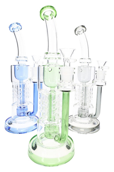Three 11.5" HexaRecycler glass water pipes with blue, green, and gray accents for wholesale glass displays