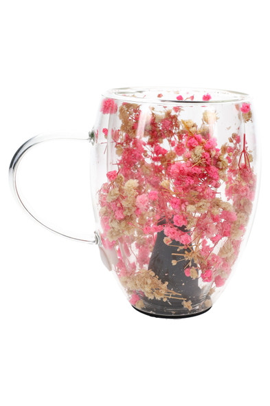 Clear Zenco Flora Cafe handled glass with pink and tan flowers, retail smoke shop vape accessory