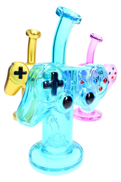 Wholesale glass water pipe in blue game controller shape, 8.5" stemless body with showerhead perc.