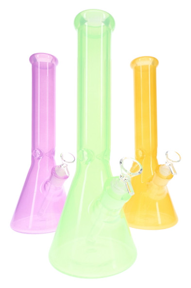 Wholesale 14" colored glass beaker water pipes in green, pink and yellow with ice pinch, group view.