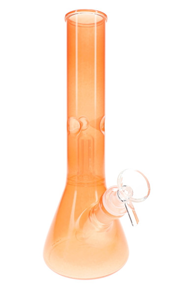 Orange 10" colored glass beaker water pipe with ice pinch and dome perc for smoke shop displays.