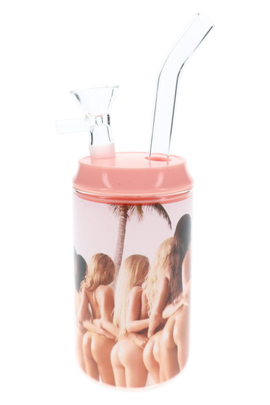 Wholesale 4.5" bottle water pipe with pink top, clear mouthpiece and cheeky beach decal design.