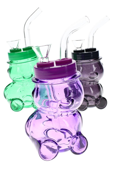 Wholesale 4" bear-shaped glass water pipes in green, purple and smoke colors for novelty displays.