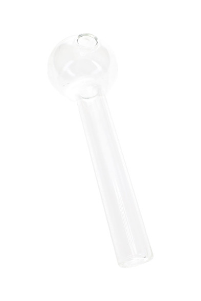 Clear 4" thick glass oil burner pipe for wholesale head-shop supplies, angled single-piece view.