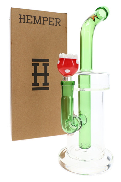 Wholesale Hemper 10" Gaming XL glass bong with green pipe neck, red bowl and branded box.