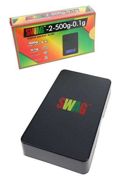 Boxed Swag 500 g digital pocket scale in black with retail packaging for head-shop supplies shelves
