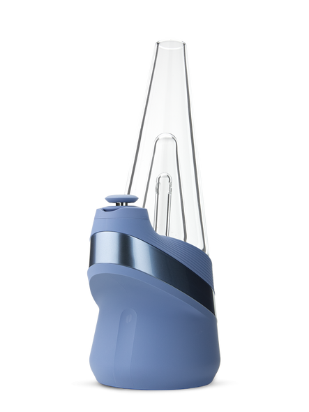 Wholesale Puffco New Peak Sapphire smart e-rig angled left view with blue base and clear glass top