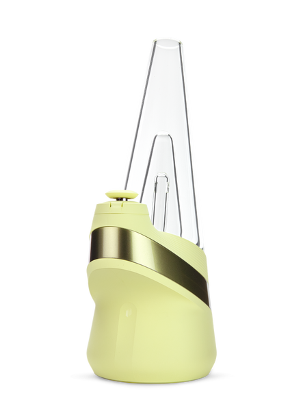 Wholesale Puffco New Peak Zest smart e-rig angled left view with pale yellow-green base and glass top