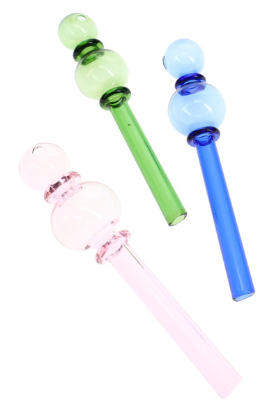 Three 6" colored glass double oil burner pipes for wholesale smoke shop displays in pink, green, and blue