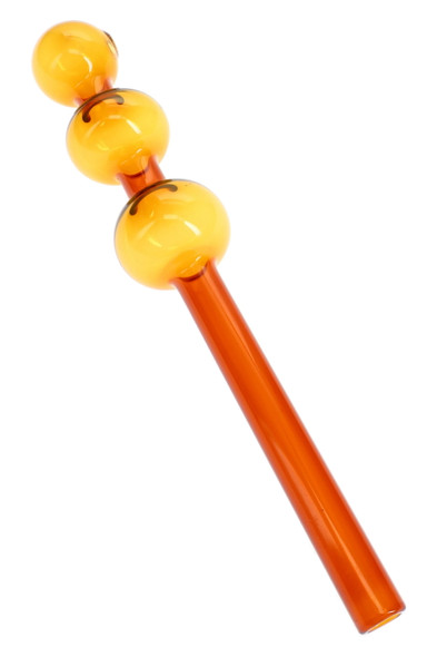 Amber 7.5" colored glass triple oil burner pipe for wholesale head-shop supplies, close angled view