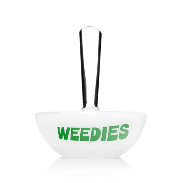 White Weedies cereal bowl glass hand pipe with green logo and upright clear mouthpiece