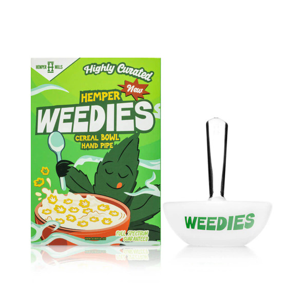 Hemper Weedies cereal bowl hand pipe beside green boxed packaging for retail shelf display